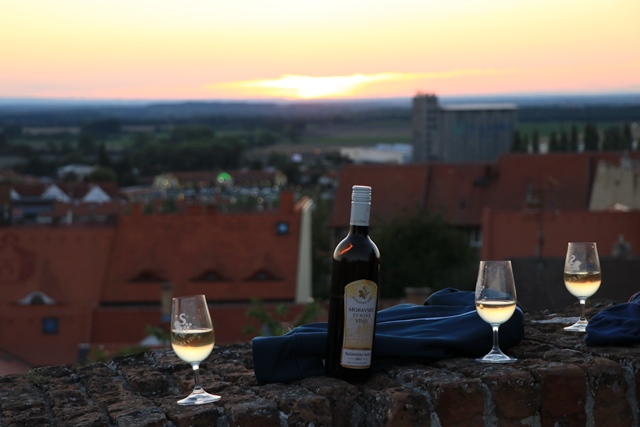ミクロフ城のぶどう収穫祭でワインを飲む